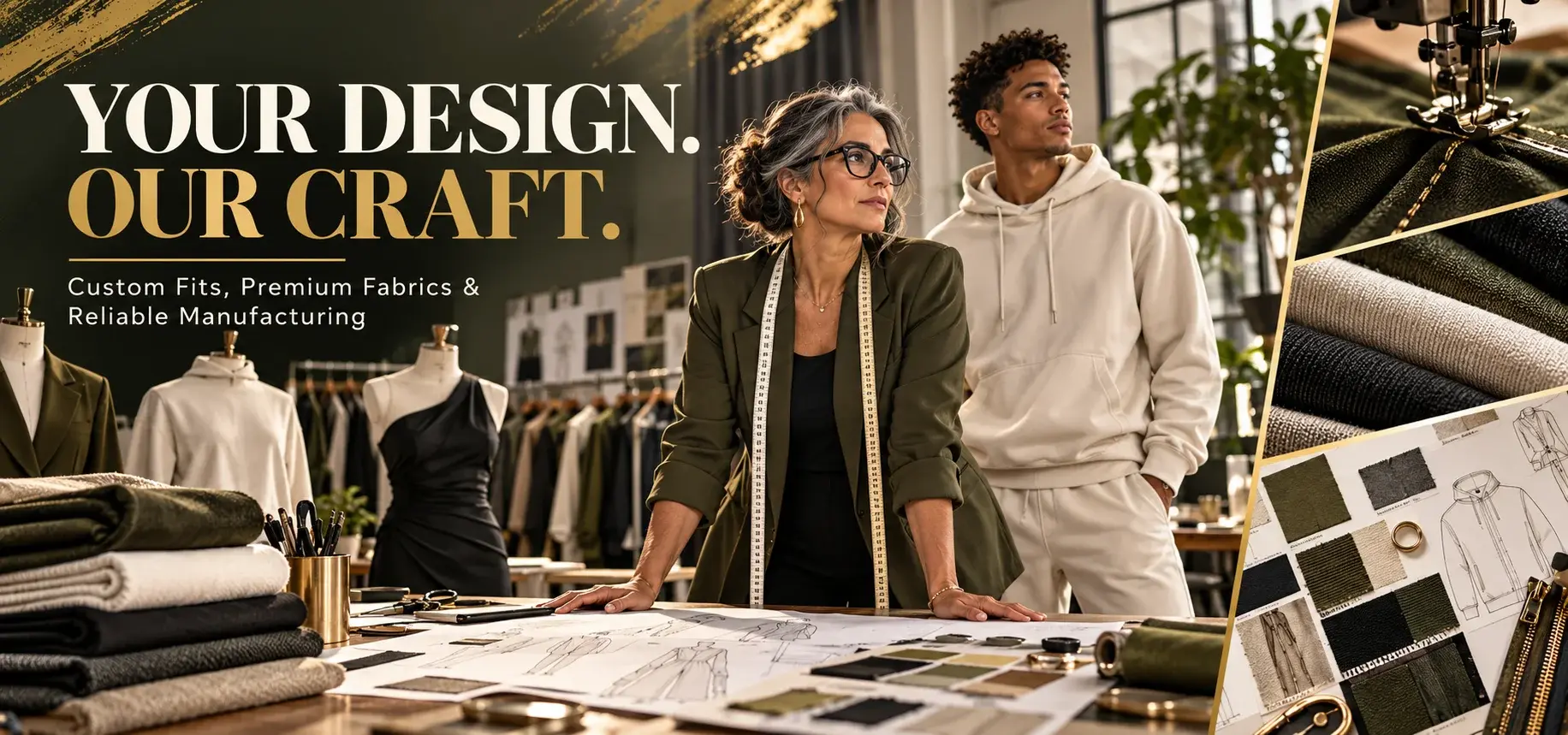 Custom cut-and-sew sportswear displayed on mannequins, including a tracksuit jacket, performance jersey, athletic leggings, T-shirt, and shorts, with fabric swatches, sewing machines, and garment patterns in a clothing manufacturing studio.